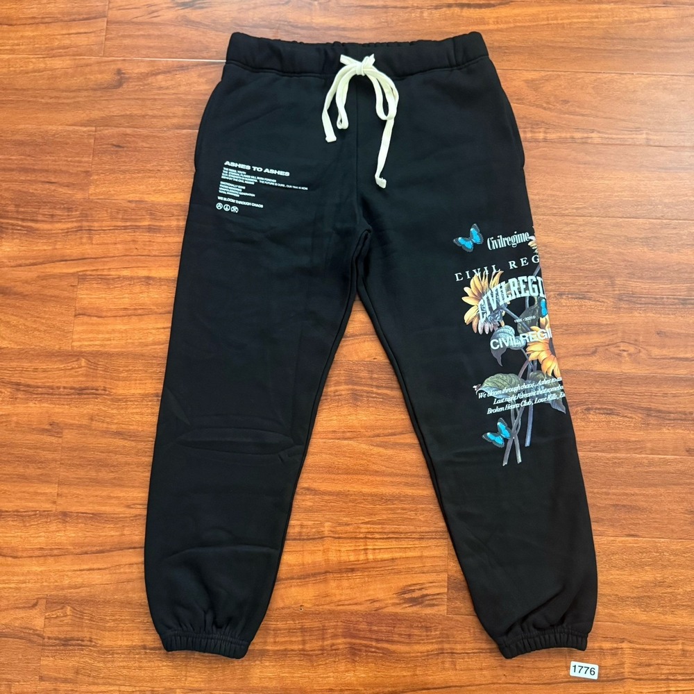 Civil Regime Sweatpant Joggers Black Graphic Print Size Large Pockets NWOT